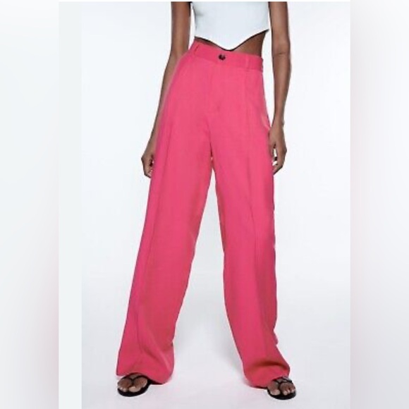 Zara hot pink high rise wide leg pleated pants - Picture 2 of 6